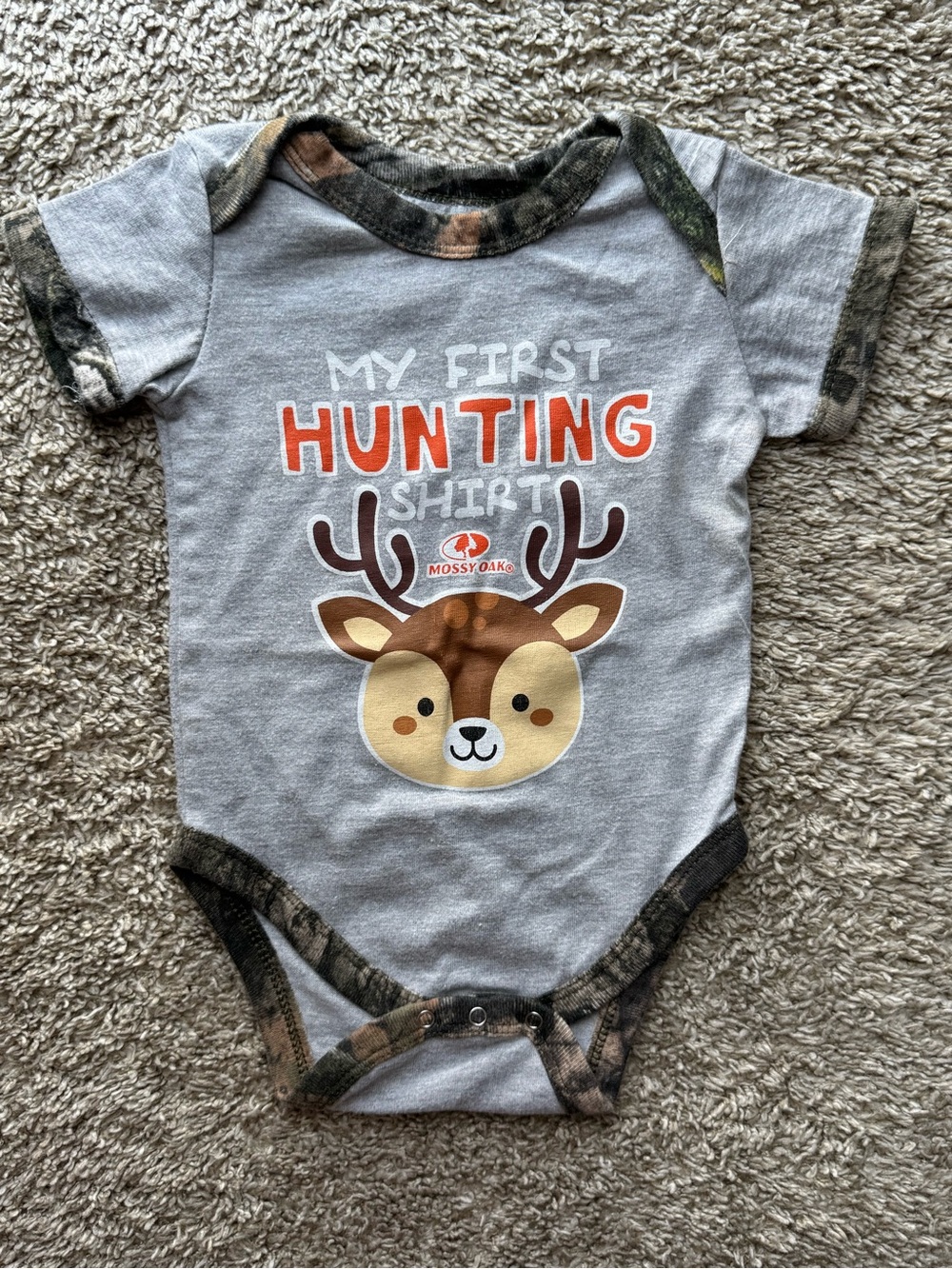 Mossy Oak “My First Hunting Shirt” Deer Baby Bodysuit Camo Trim 0-3 Months